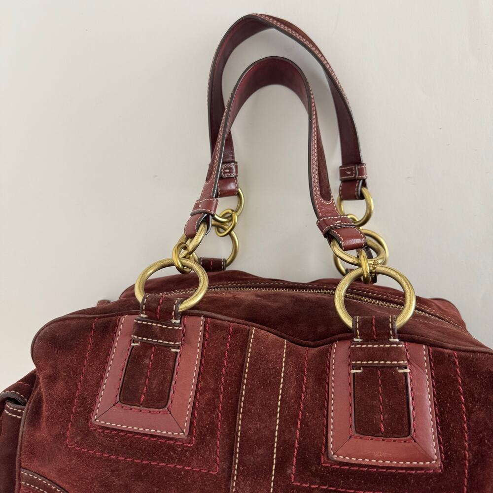 Coach Suede Vintage Mia Soho Satchel Bag with Leather Trim Red Burgundy F10061 - Picture 7 of 16